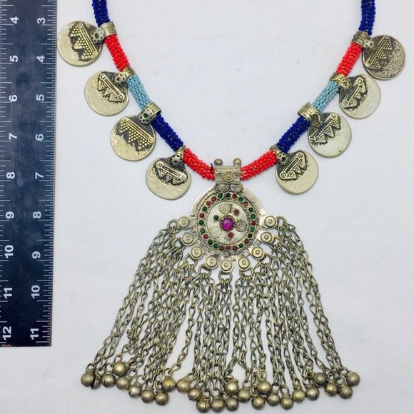 Vintage Coins Necklace With Dangling Pendant,Tribal Beaded Pendant Necklace - Picture 7 of 7